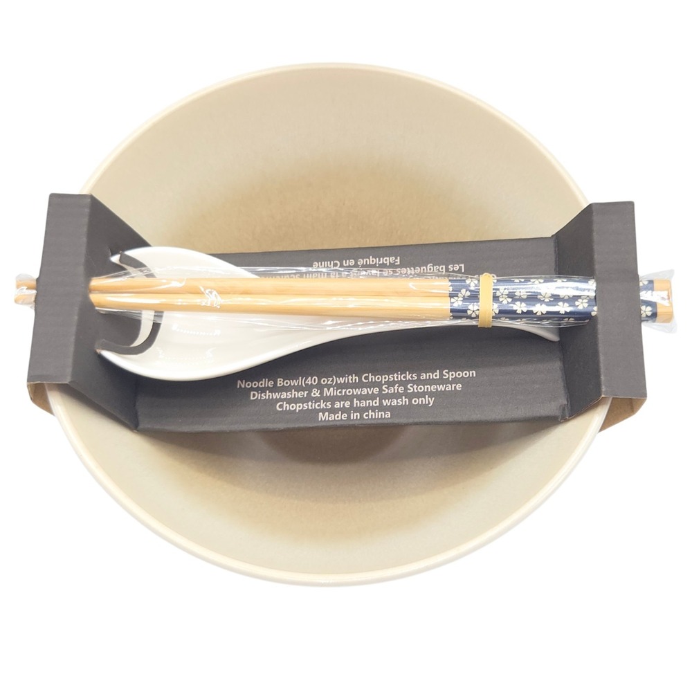 SH Home 40oz Ceramic Ramen Noodle Bowl Set Cream Tan with Chopsticks And‎ Spoon